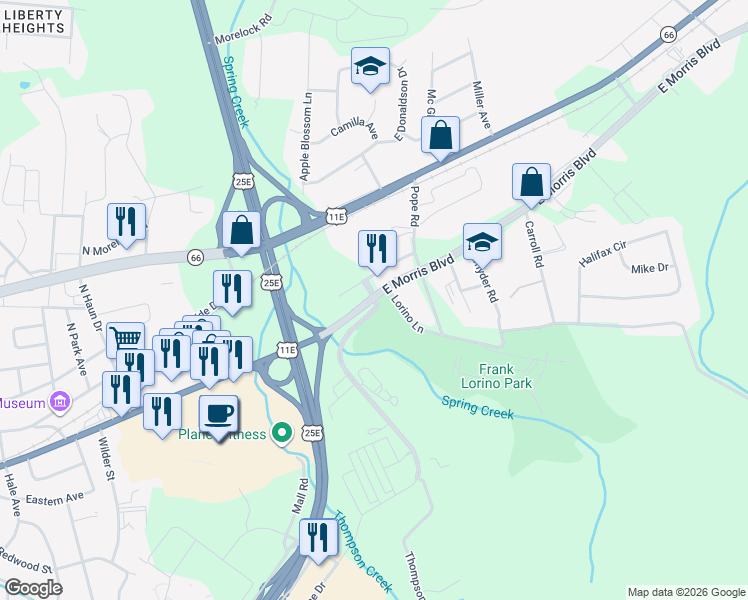 map of restaurants, bars, coffee shops, grocery stores, and more near 78 Thompson Creek Road in Morristown