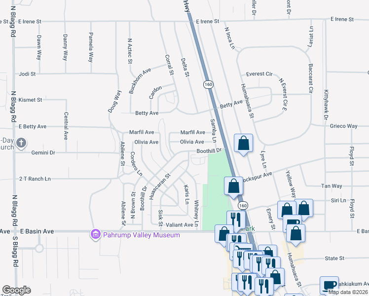 map of restaurants, bars, coffee shops, grocery stores, and more near 2 Boothill Drive in Pahrump