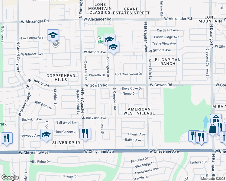 map of restaurants, bars, coffee shops, grocery stores, and more near 3539 North Campbell Road in Las Vegas