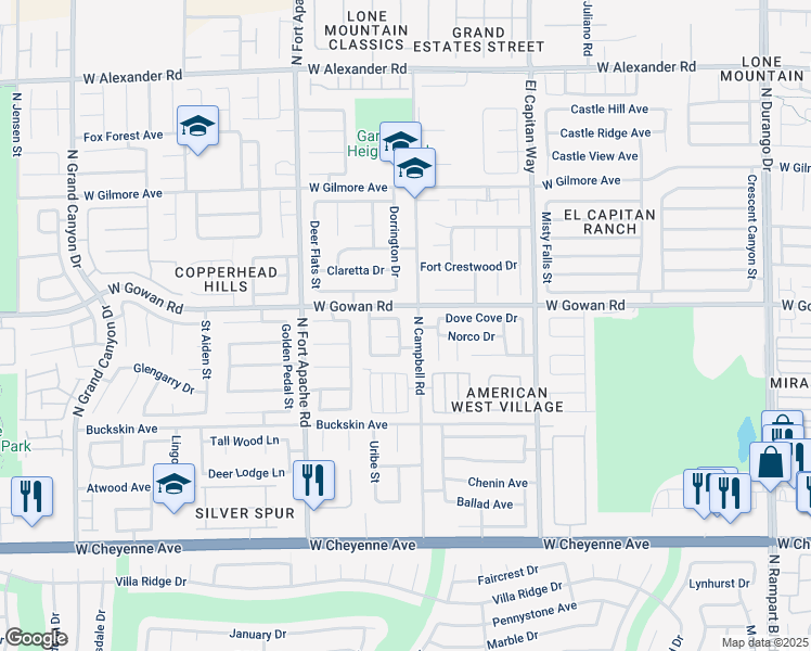 map of restaurants, bars, coffee shops, grocery stores, and more near 3539 North Campbell Road in Las Vegas