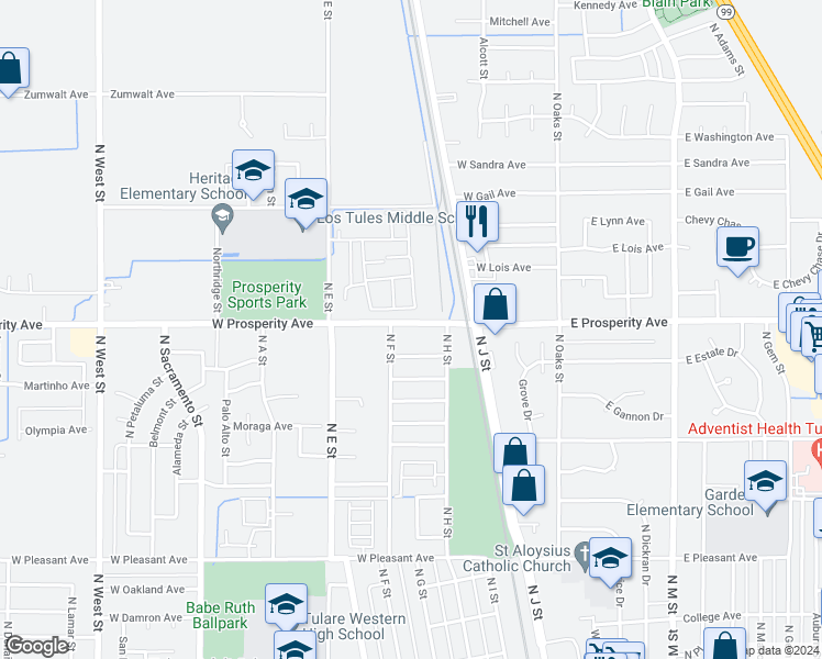 map of restaurants, bars, coffee shops, grocery stores, and more near 484 West Allstar Avenue in Tulare