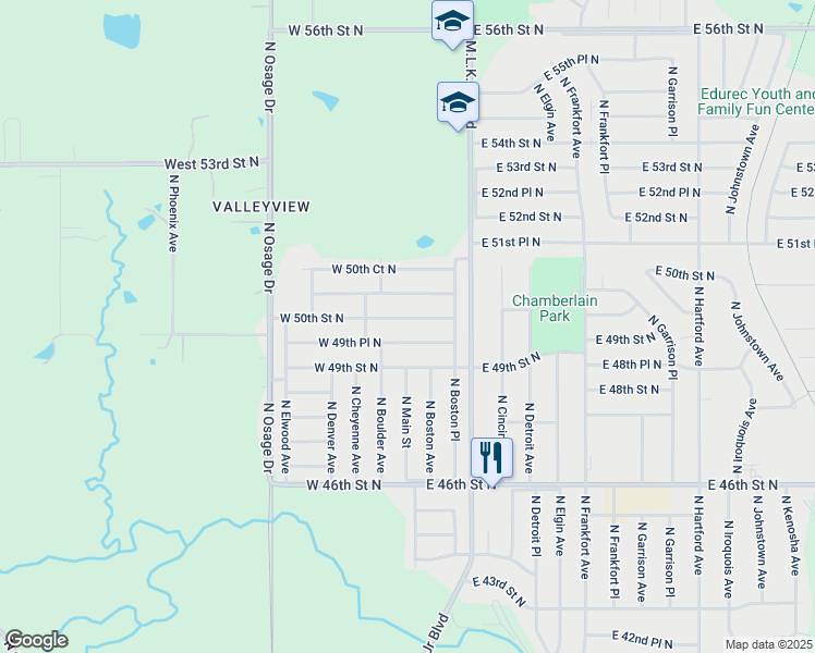 map of restaurants, bars, coffee shops, grocery stores, and more near 19E East 49th Place North in Tulsa