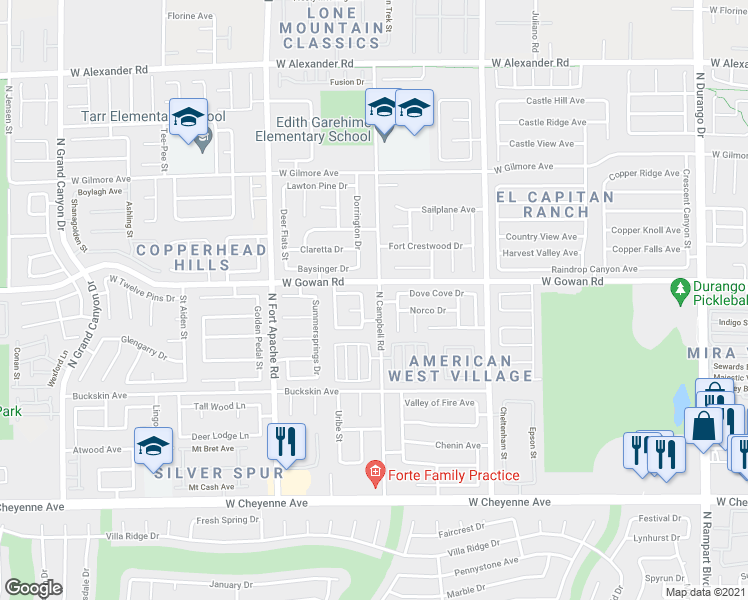 map of restaurants, bars, coffee shops, grocery stores, and more near 3571 North Campbell Road in Las Vegas