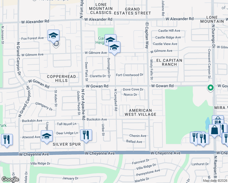 map of restaurants, bars, coffee shops, grocery stores, and more near 3571 North Campbell Road in Las Vegas