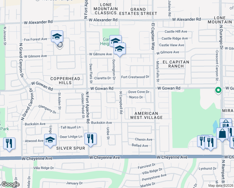 map of restaurants, bars, coffee shops, grocery stores, and more near 3539 North Campbell Road in Las Vegas