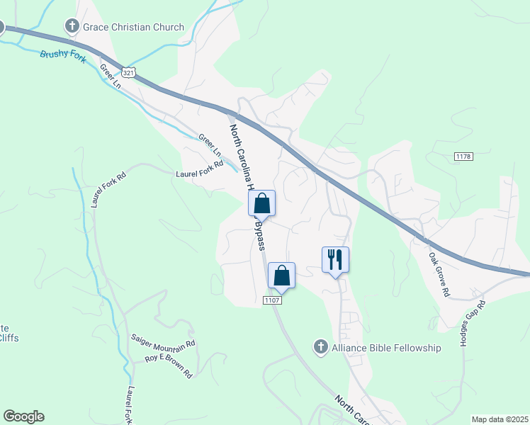 map of restaurants, bars, coffee shops, grocery stores, and more near 115 Long Street in Boone