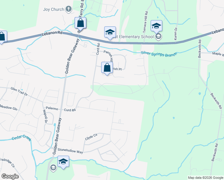 map of restaurants, bars, coffee shops, grocery stores, and more near 2844 Curd Road in Mt. Juliet