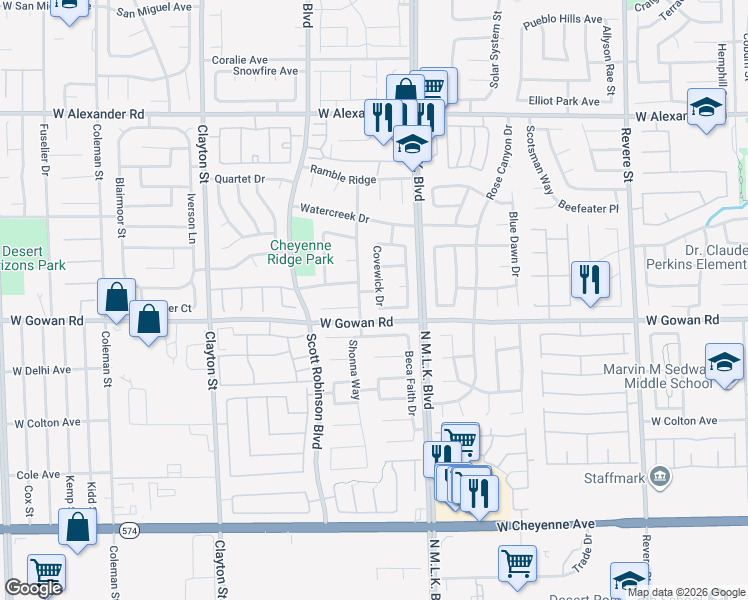 map of restaurants, bars, coffee shops, grocery stores, and more near 3621 Covewick Drive in North Las Vegas