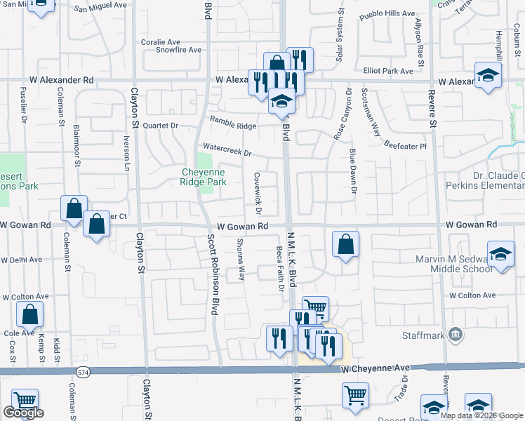 map of restaurants, bars, coffee shops, grocery stores, and more near 3622 Covewick Drive in North Las Vegas