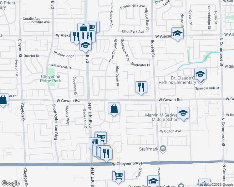 map of restaurants, bars, coffee shops, grocery stores, and more near 3615 Blue Dawn Drive in North Las Vegas