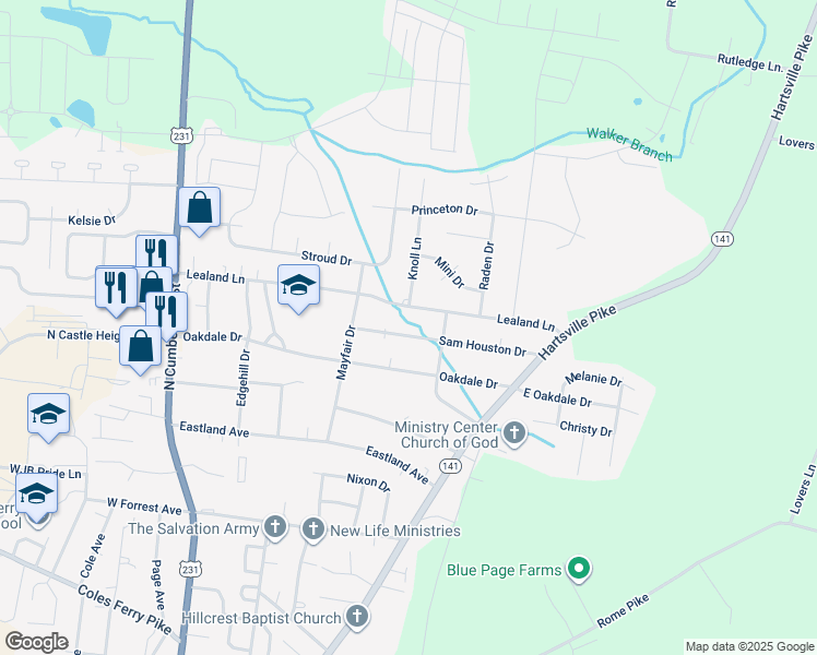 map of restaurants, bars, coffee shops, grocery stores, and more near 411 Sam Houston Drive in Lebanon