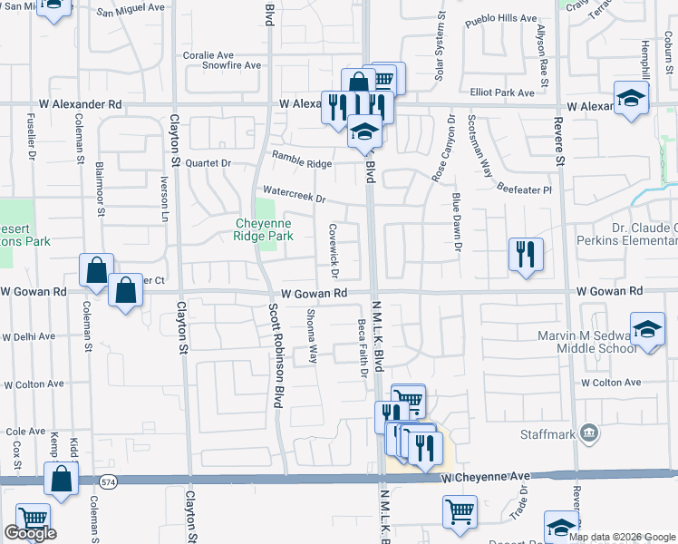 map of restaurants, bars, coffee shops, grocery stores, and more near 3622 Covewick Drive in North Las Vegas