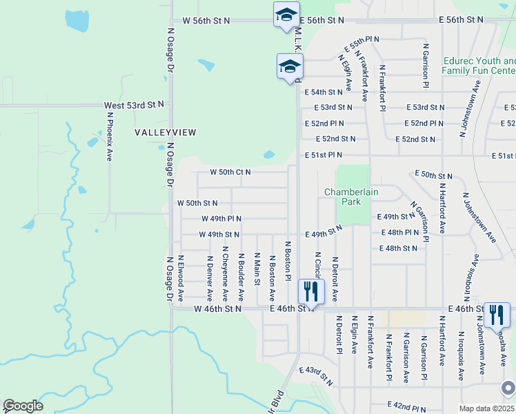 map of restaurants, bars, coffee shops, grocery stores, and more near 4 East 50th Street North in Tulsa