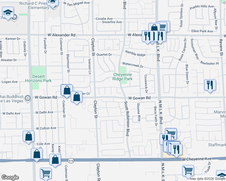 map of restaurants, bars, coffee shops, grocery stores, and more near 3605 Asiago Court in North Las Vegas