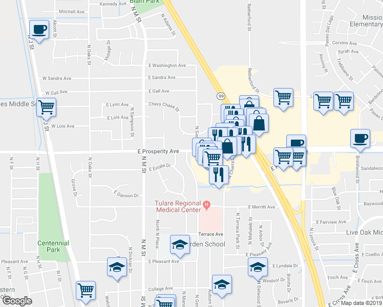 map of restaurants, bars, coffee shops, grocery stores, and more near 1232 North Gem Street in Tulare