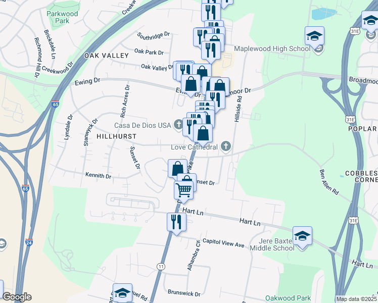 map of restaurants, bars, coffee shops, grocery stores, and more near 2939 Dickerson Pike in Nashville
