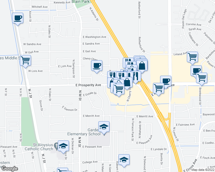 map of restaurants, bars, coffee shops, grocery stores, and more near 531 East Prosperity Avenue in Tulare