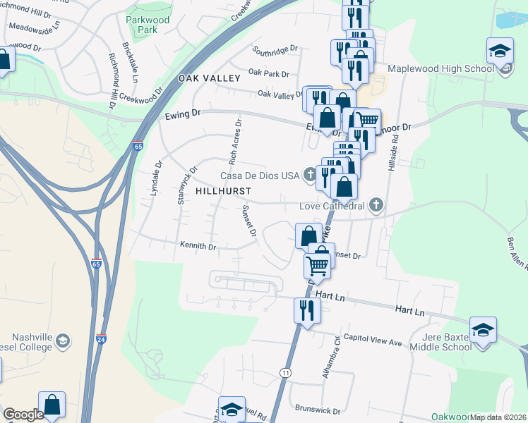 map of restaurants, bars, coffee shops, grocery stores, and more near 903 Sunset Circle in Nashville