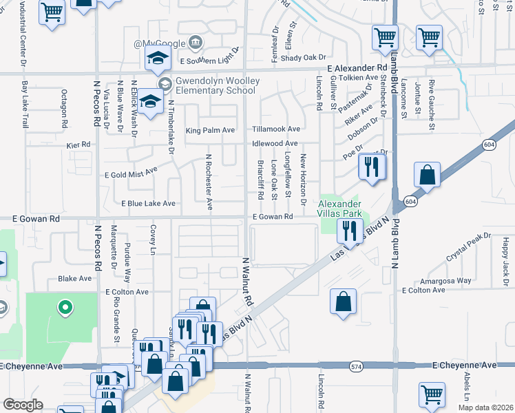 map of restaurants, bars, coffee shops, grocery stores, and more near 3610 North Walnut Road in Las Vegas