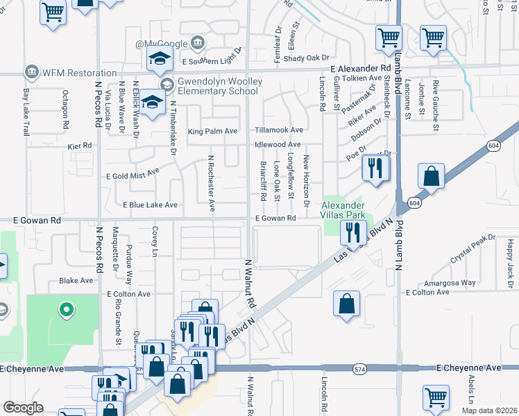 map of restaurants, bars, coffee shops, grocery stores, and more near 3610 North Walnut Road in Las Vegas