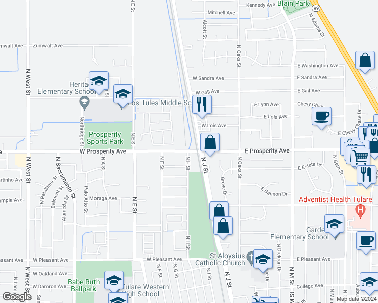 map of restaurants, bars, coffee shops, grocery stores, and more near 400 West Allstar Avenue in Tulare