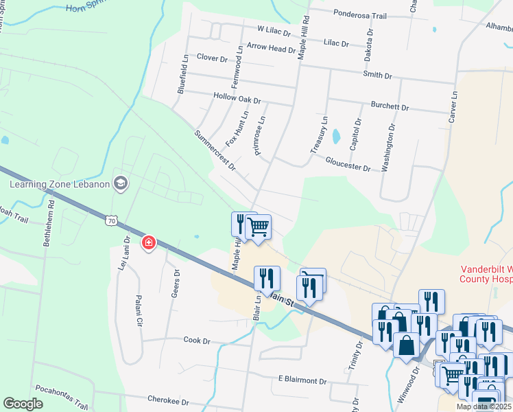 map of restaurants, bars, coffee shops, grocery stores, and more near 100 Maple Crossing Drive in Lebanon