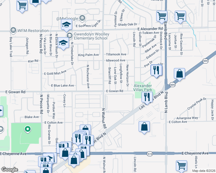 map of restaurants, bars, coffee shops, grocery stores, and more near 3631 Briarcliff Road in Las Vegas