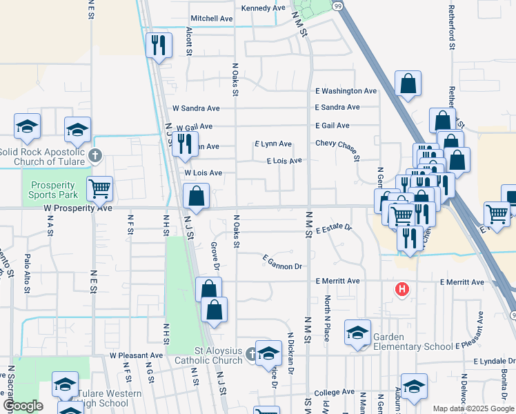 map of restaurants, bars, coffee shops, grocery stores, and more near 190 East Prosperity Avenue in Tulare