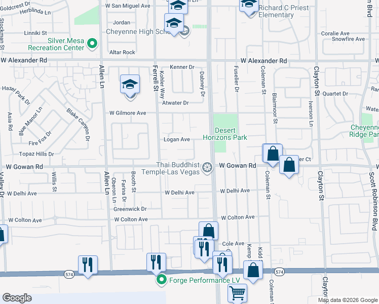map of restaurants, bars, coffee shops, grocery stores, and more near 3015 Myrtle Creek Court in North Las Vegas