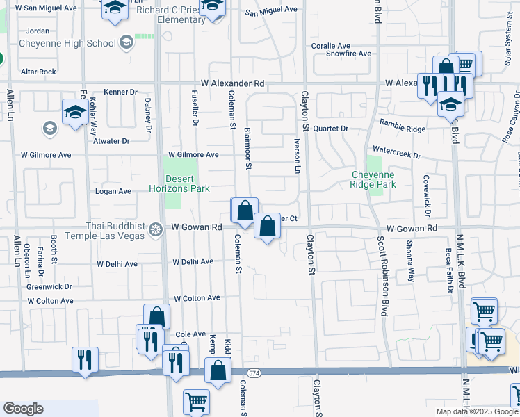 map of restaurants, bars, coffee shops, grocery stores, and more near 3645 Blairmoor Street in North Las Vegas