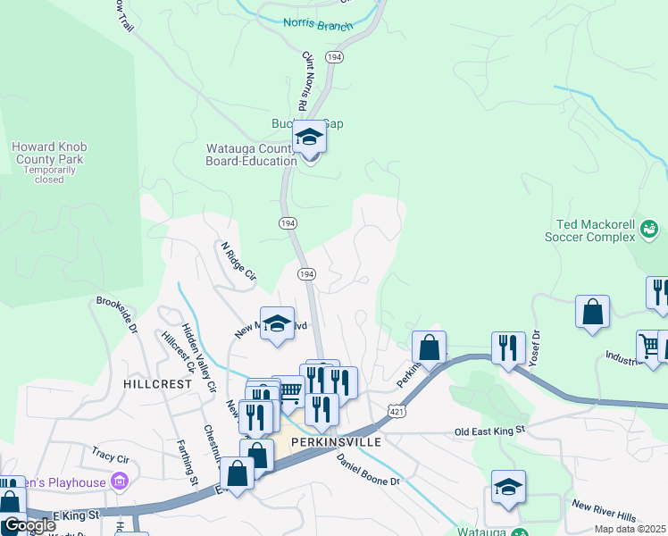 map of restaurants, bars, coffee shops, grocery stores, and more near 220 Bruce Shelton Boulevard in Boone