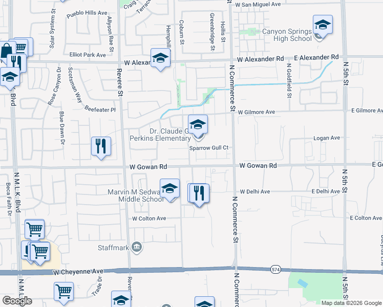 map of restaurants, bars, coffee shops, grocery stores, and more near 3637 Zug Bug Street in North Las Vegas