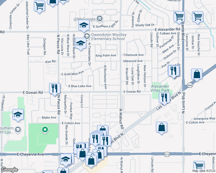 map of restaurants, bars, coffee shops, grocery stores, and more near 3675 Rochester Avenue in Las Vegas