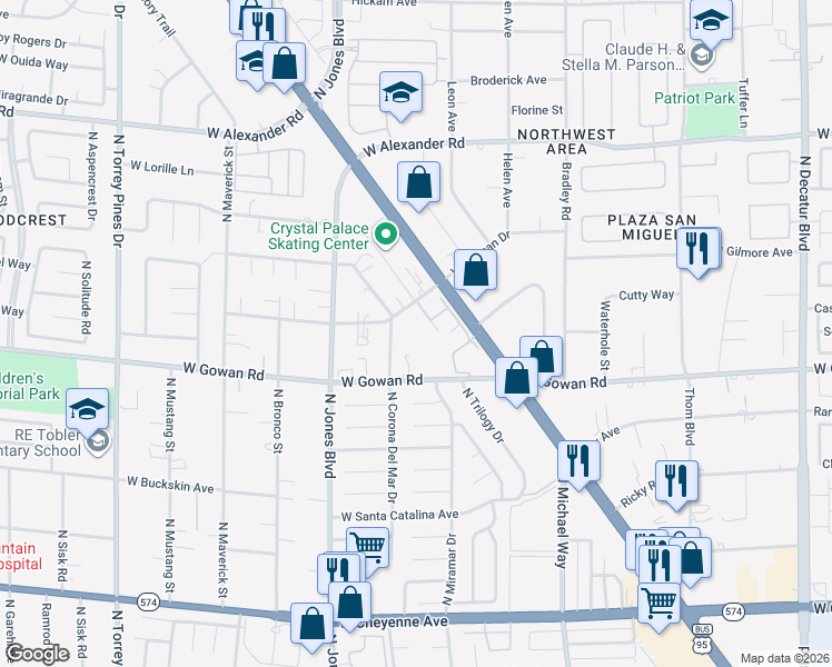 map of restaurants, bars, coffee shops, grocery stores, and more near 5901 West Duncan Drive in Las Vegas