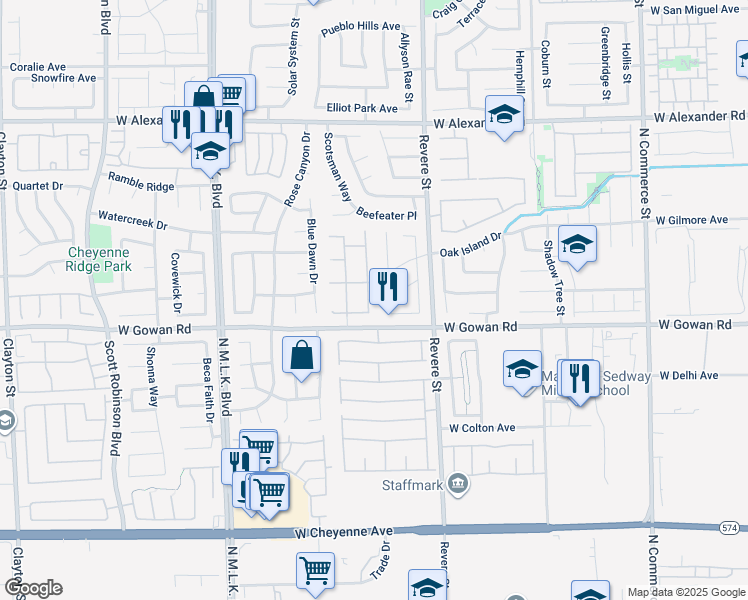 map of restaurants, bars, coffee shops, grocery stores, and more near 3624 Nairobi Lane in North Las Vegas