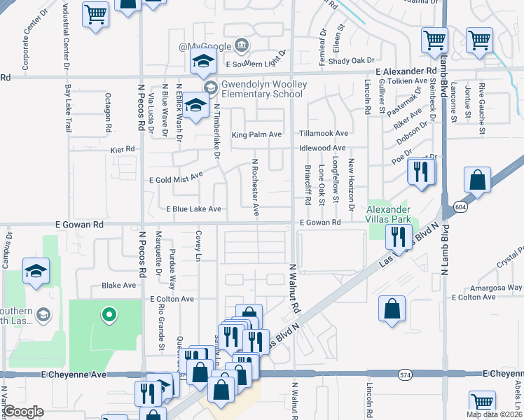 map of restaurants, bars, coffee shops, grocery stores, and more near 3675 Rochester Avenue in Las Vegas