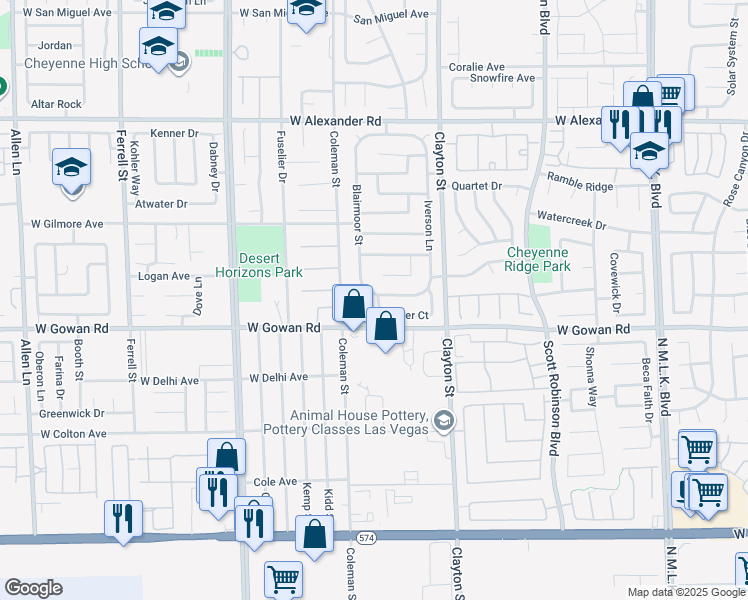 map of restaurants, bars, coffee shops, grocery stores, and more near 3645 Blairmoor Street in North Las Vegas