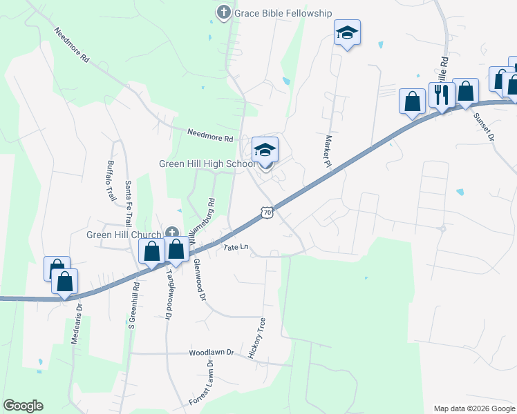 map of restaurants, bars, coffee shops, grocery stores, and more near 155 North Greenhill Road in Mt. Juliet