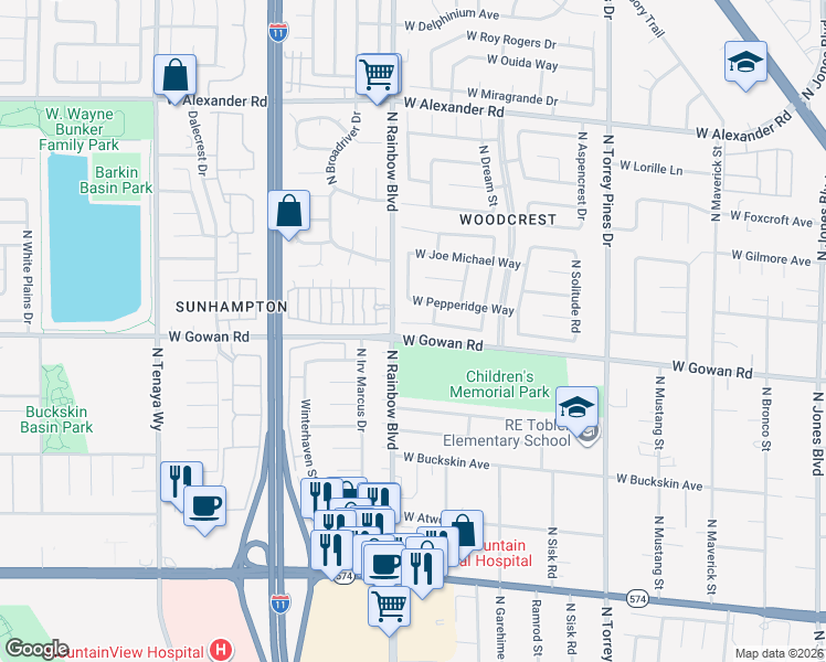 map of restaurants, bars, coffee shops, grocery stores, and more near 6657 West Pepperidge Way in Las Vegas
