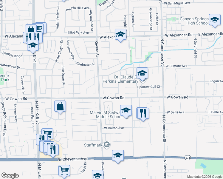 map of restaurants, bars, coffee shops, grocery stores, and more near 703 Rubber Tree Avenue in North Las Vegas