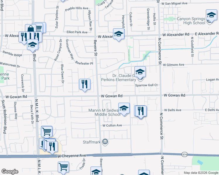 map of restaurants, bars, coffee shops, grocery stores, and more near 703 Rubber Tree Avenue in North Las Vegas