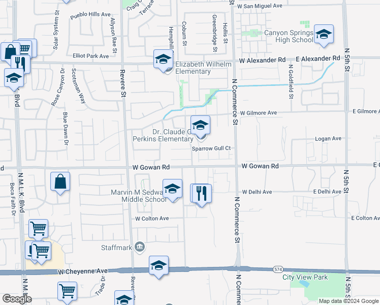 map of restaurants, bars, coffee shops, grocery stores, and more near 501 Sparrow Gull Court in North Las Vegas