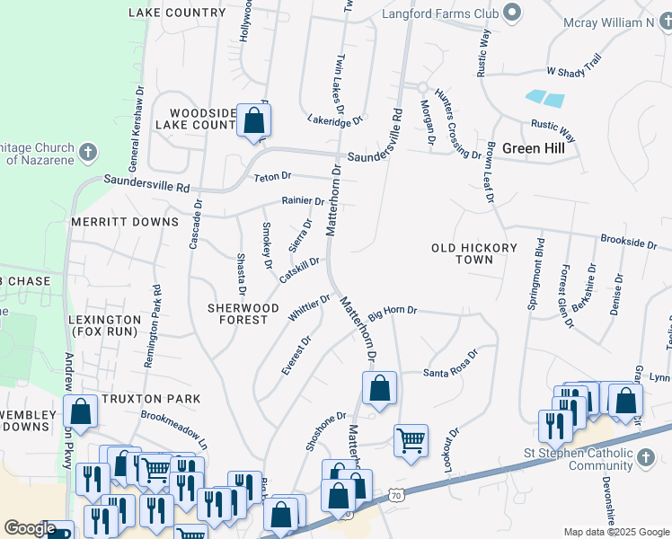 map of restaurants, bars, coffee shops, grocery stores, and more near 4841 Matterhorn Drive in Green Hill