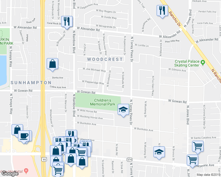 map of restaurants, bars, coffee shops, grocery stores, and more near 3620 North Broxburn Street in Las Vegas