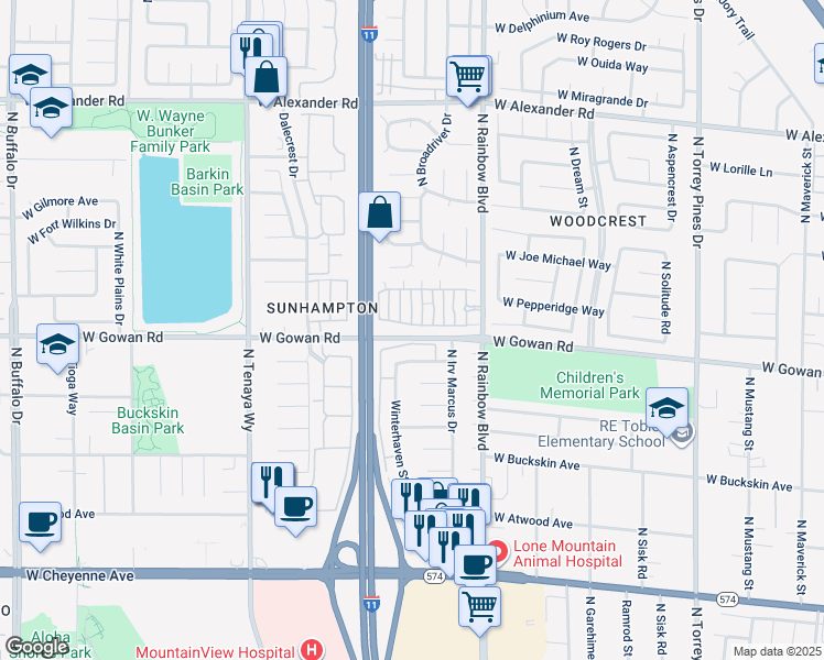 map of restaurants, bars, coffee shops, grocery stores, and more near 3605 Galatea Street in Las Vegas