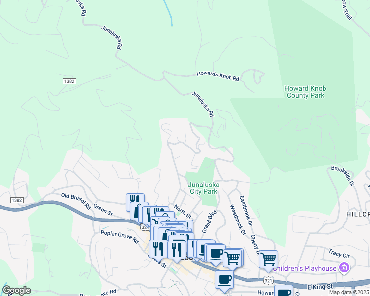 map of restaurants, bars, coffee shops, grocery stores, and more near 477 Junaluska Road in Boone