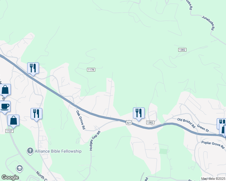 map of restaurants, bars, coffee shops, grocery stores, and more near 1368 Highland Hall Road in Boone
