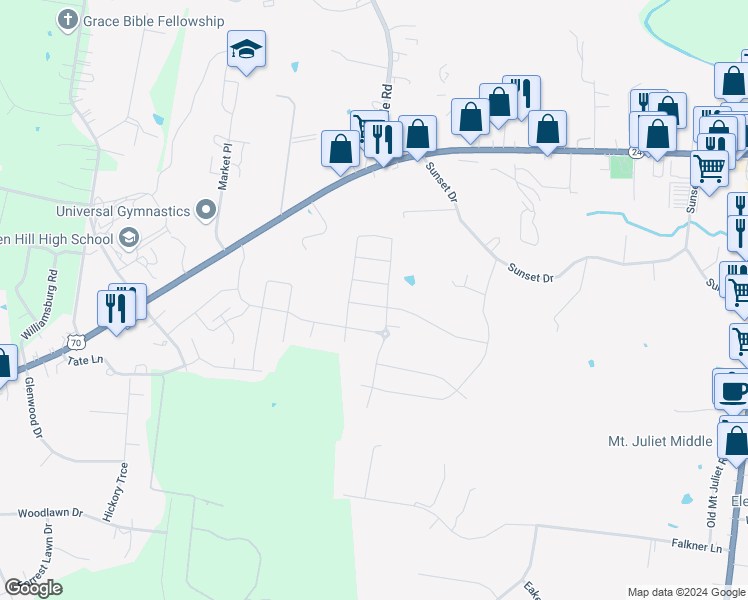 map of restaurants, bars, coffee shops, grocery stores, and more near 800 Kennear Lane in Mt. Juliet