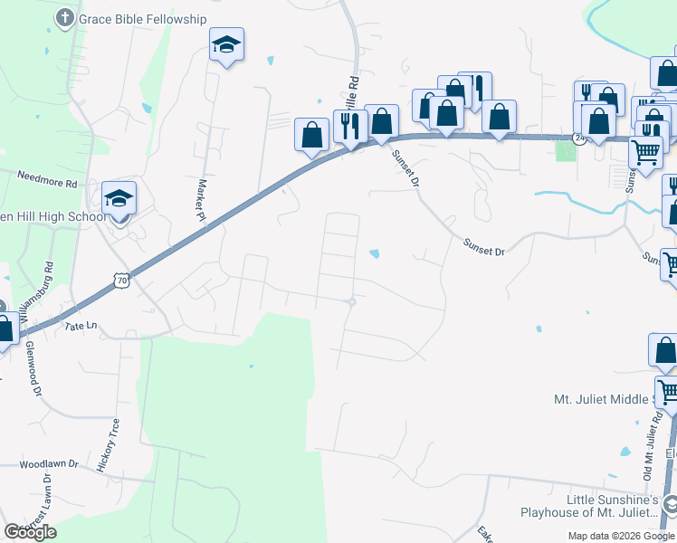map of restaurants, bars, coffee shops, grocery stores, and more near 800 Kennear Lane in Mt. Juliet