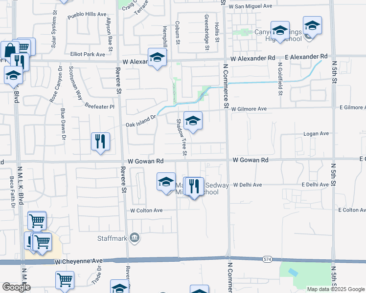 map of restaurants, bars, coffee shops, grocery stores, and more near 501 Sparrow Gull Court in North Las Vegas